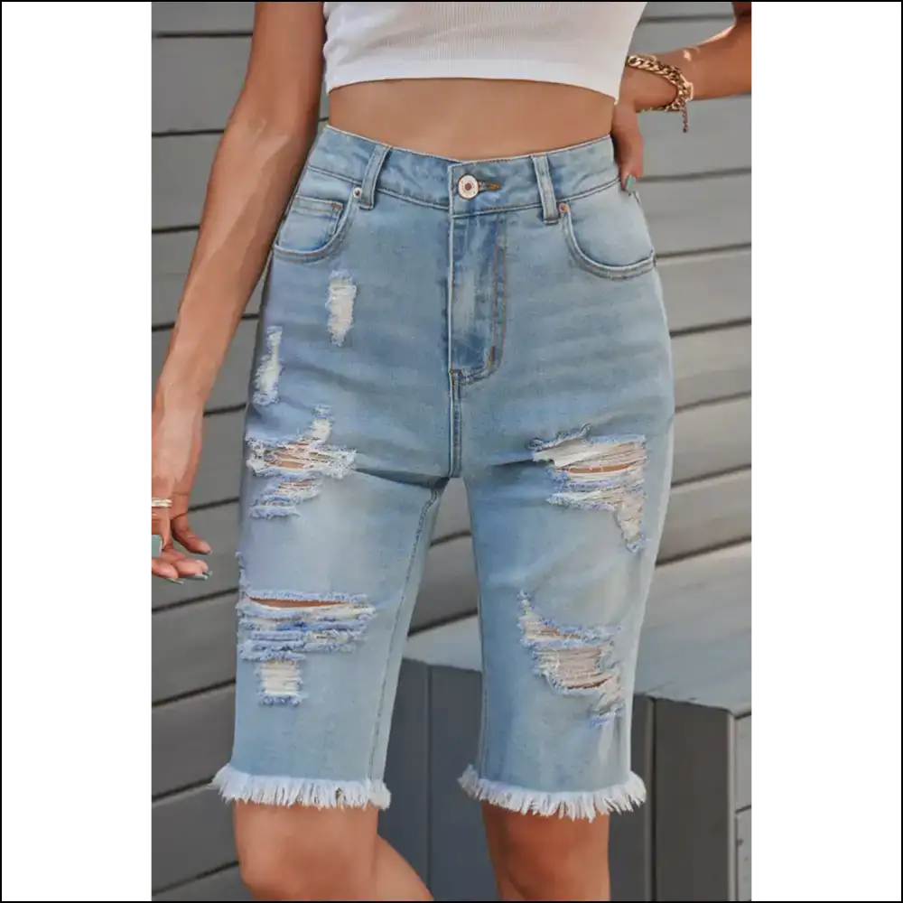 Distressed Raw Hem Denim Bermuda Shorts - Chic & Casual - Light / Xl