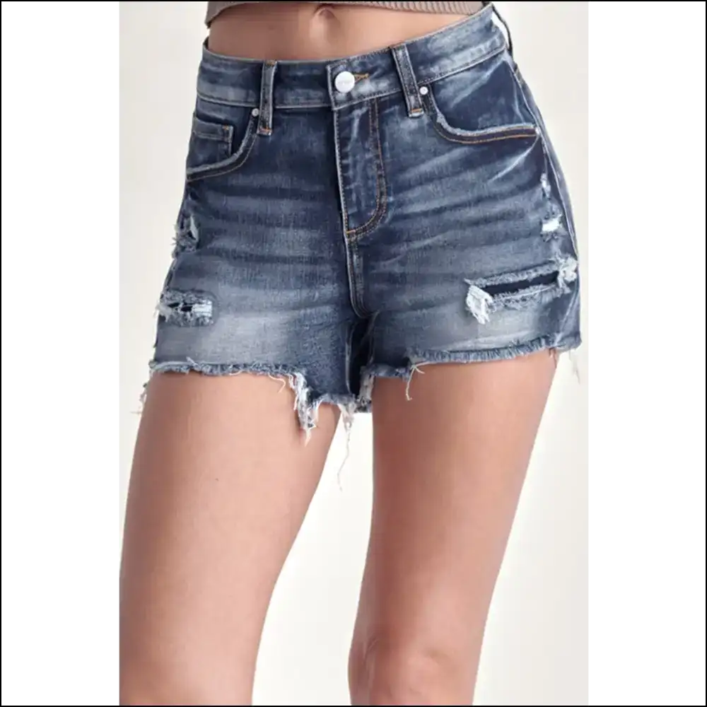 Risen Mid Rise Raw Hem Denim Shorts - Dark / m