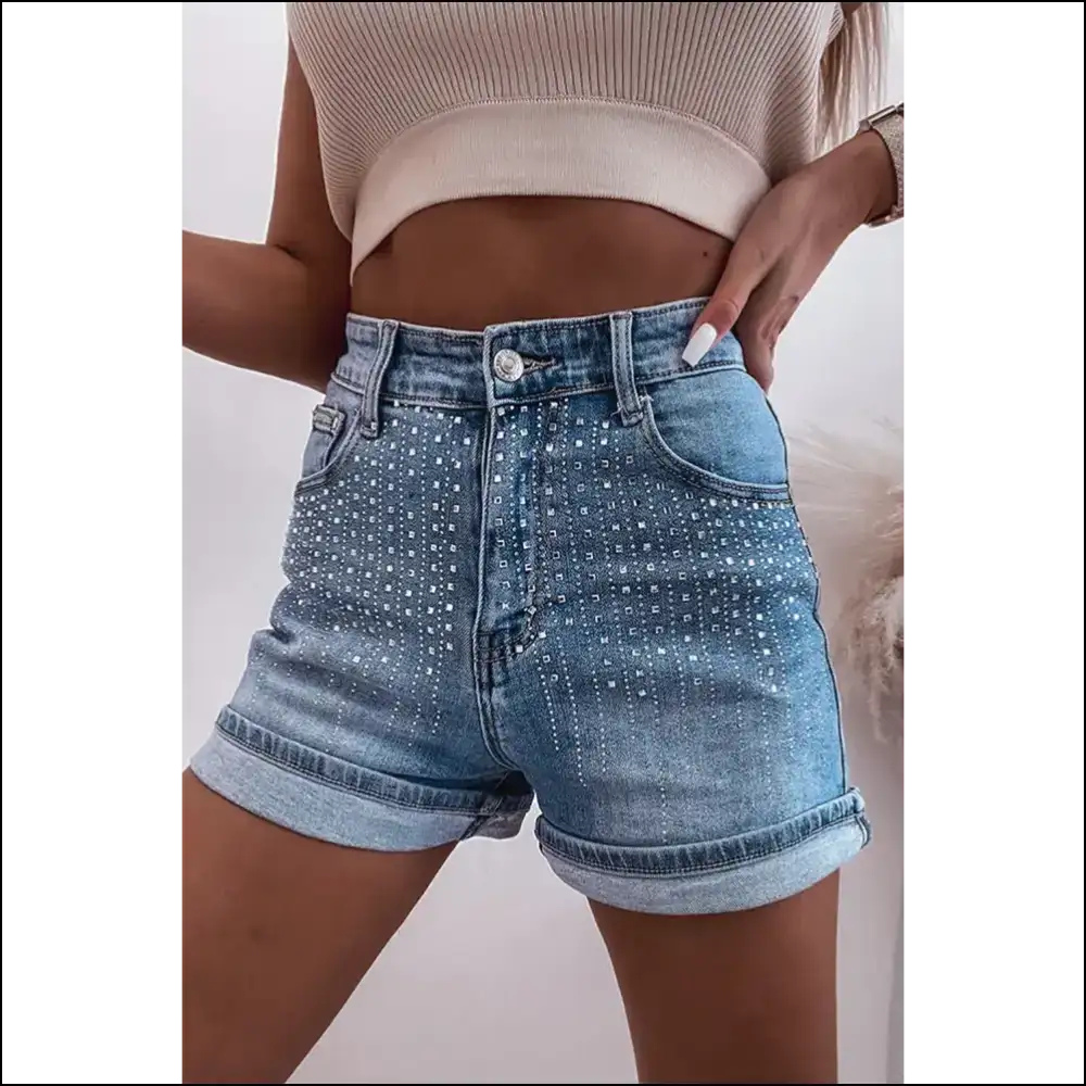 Rhinestone High Waist Denim Shorts - Medium / 6