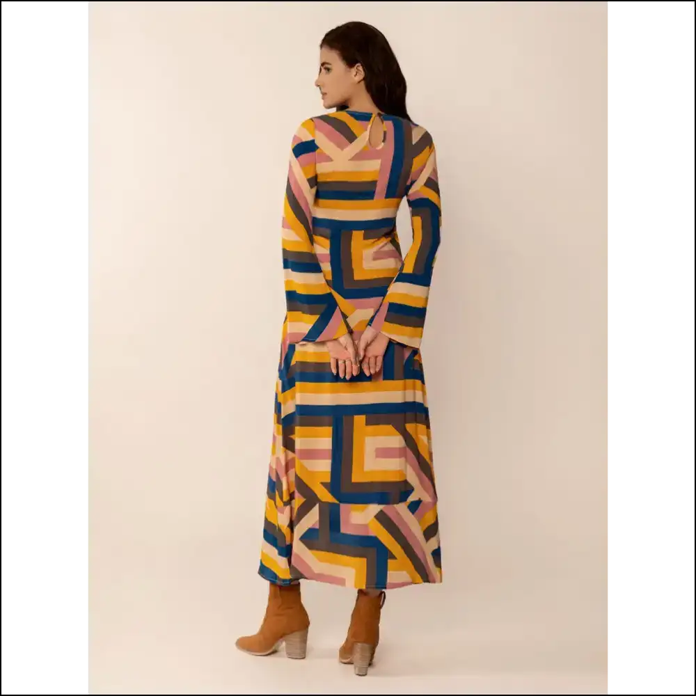 Chic Contrast Round Neck Flare Sleeve Midi Dress - Dresses