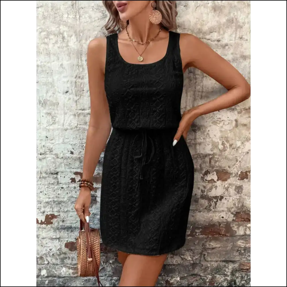 Chic Eyelet Drawstring Round Neck Sleeveless Dress - Black / 2xl - Dresses