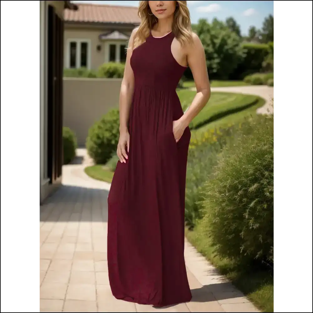 Chic Pocketed Round Neck Sleeveless Dress - Dresses