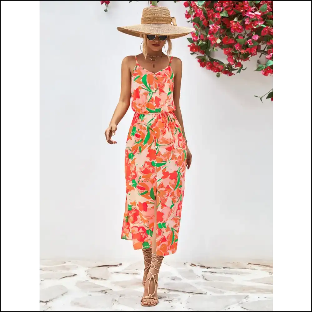 Chic Printed Spaghetti Strap Front Slit Dress - Orange / m - Dresses