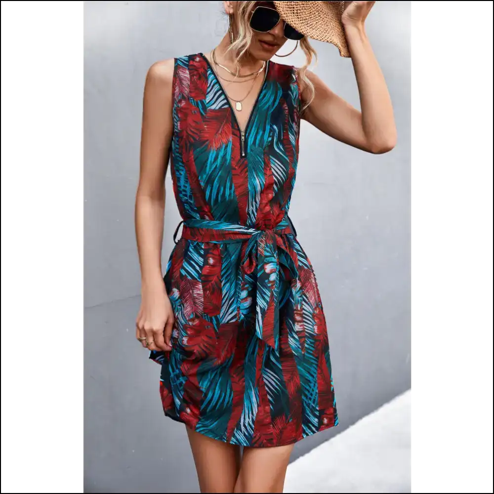 Chic Printed Zip Detail Belted Sleeveless Dress - Teal / Xl - Dresses