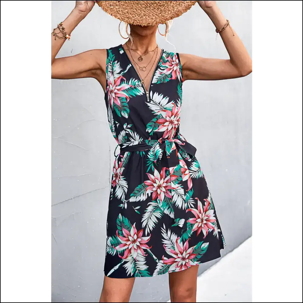 Chic Printed Zip Detail Belted Sleeveless Dress - Red / Xl - Dresses