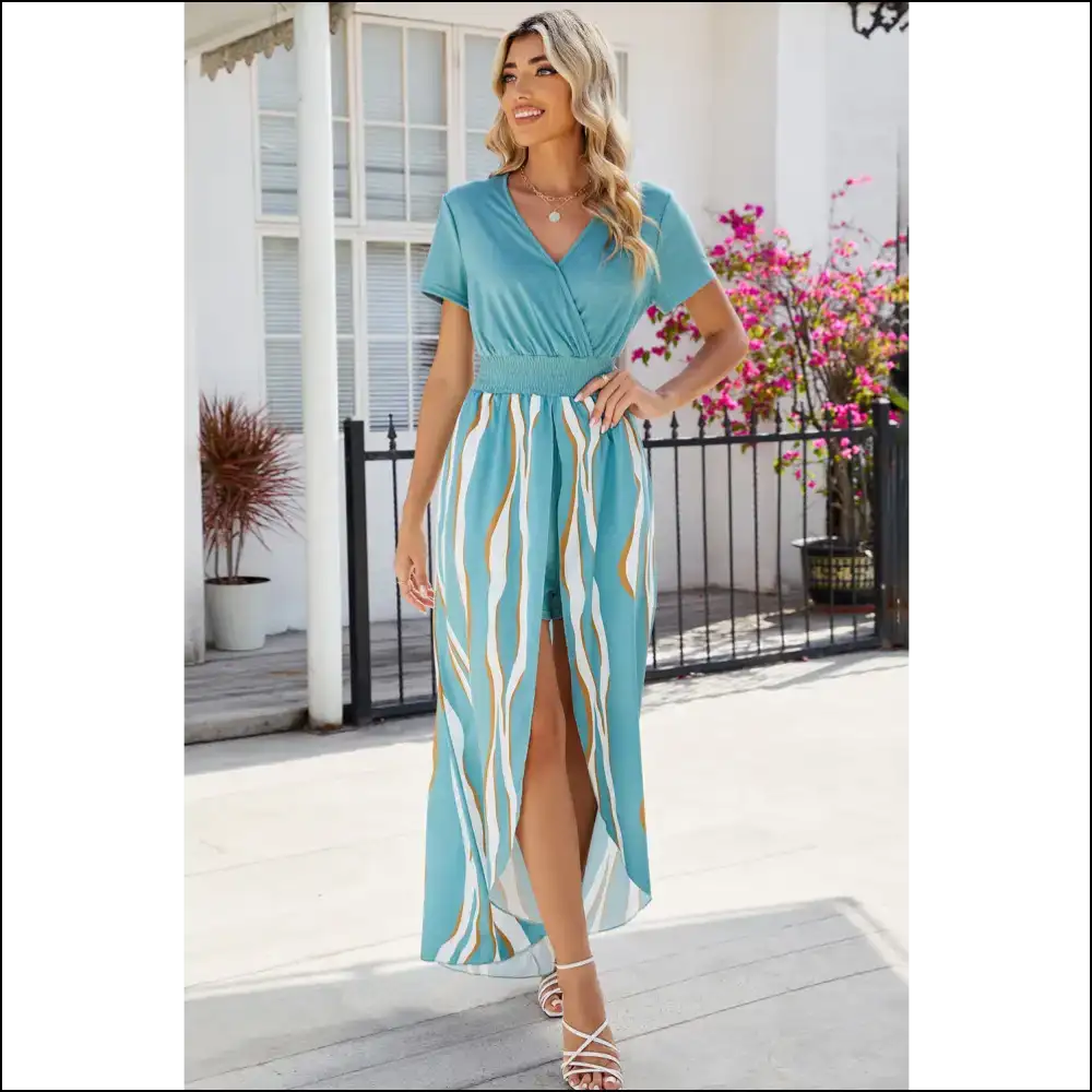 Chic Smocked High-low Printed Surplice Dress - Light Blue / m - Dresses