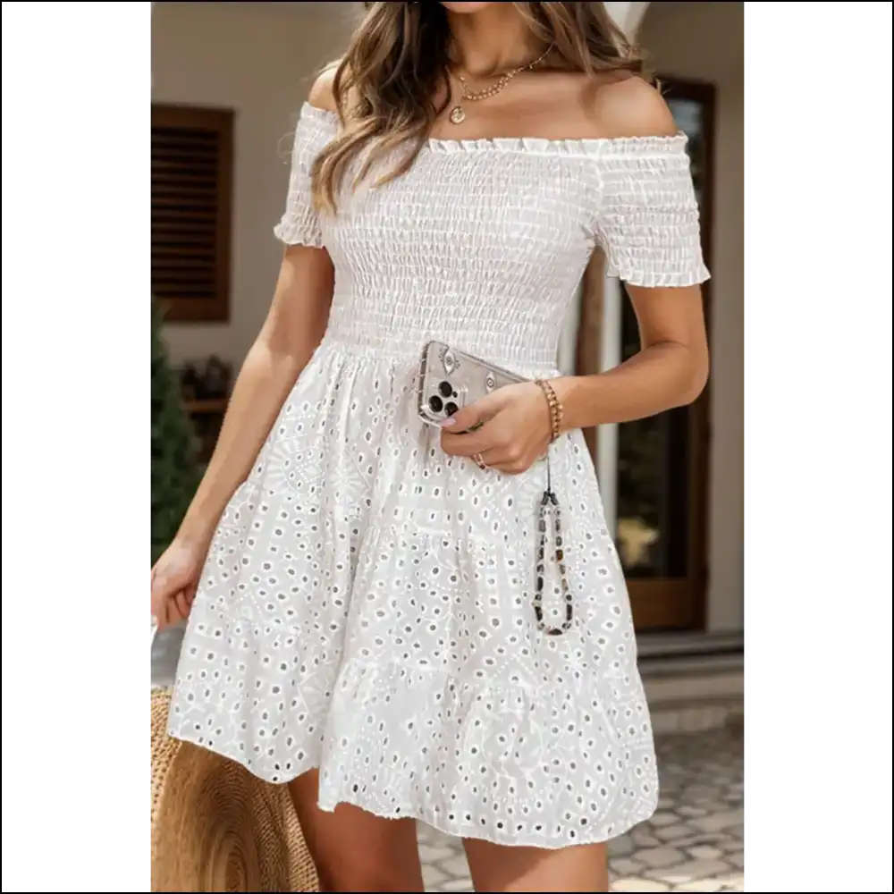 Chic Smocked Off-shoulder Mini Dress - White / l - Dresses