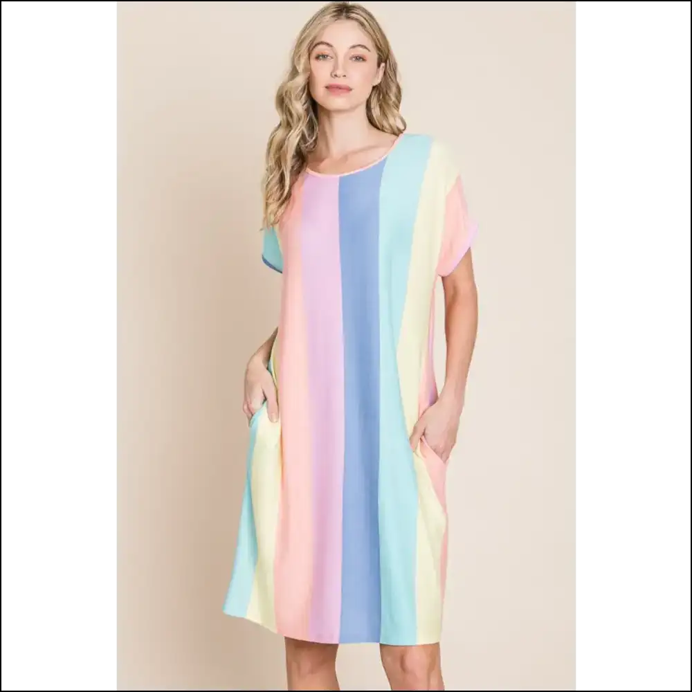Chic Striped Short Sleeve Dress with Pockets - Stripe / Xl - Dresses