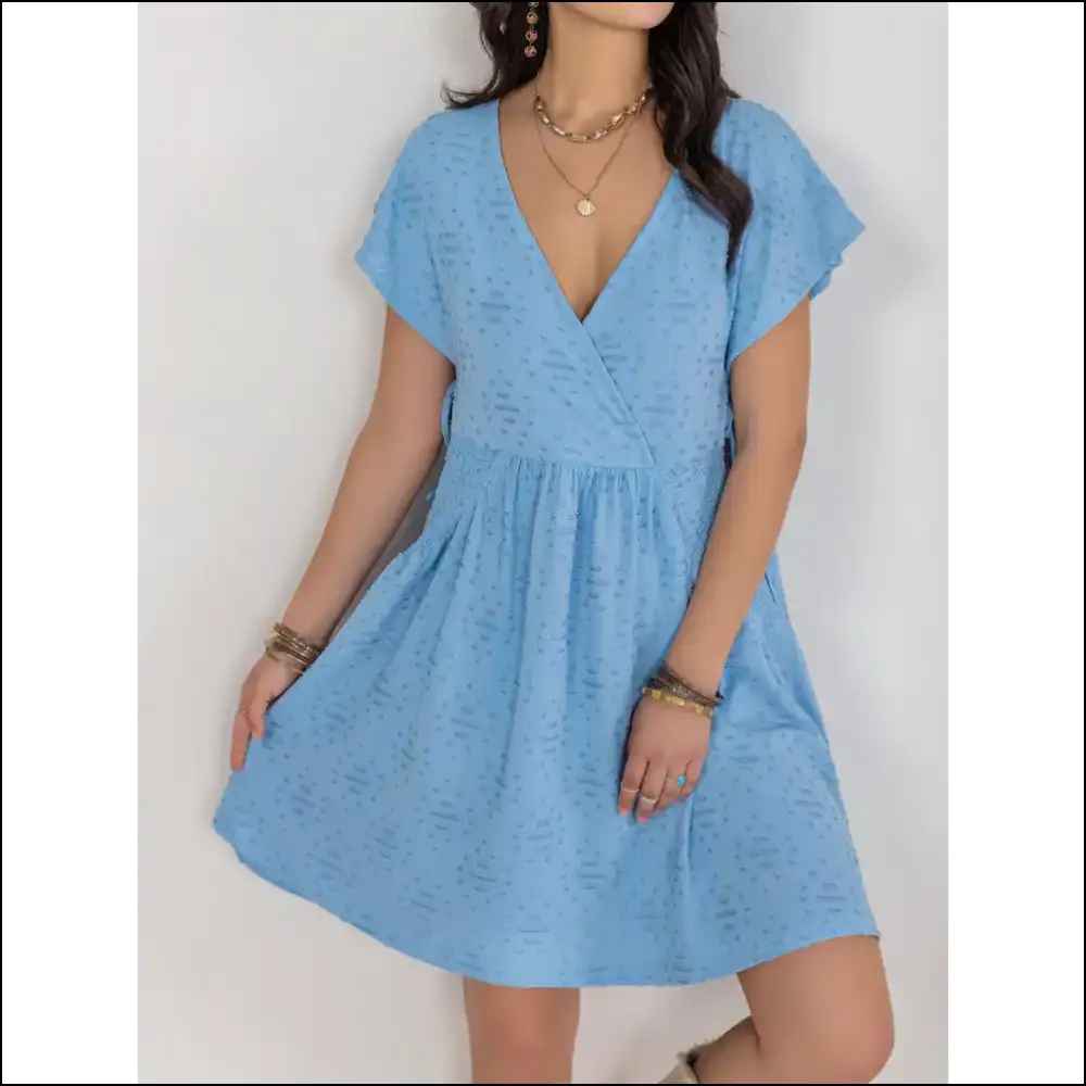 Chic Cutout Surplice Short Sleeve Dress - Light Blue / s - Dresses