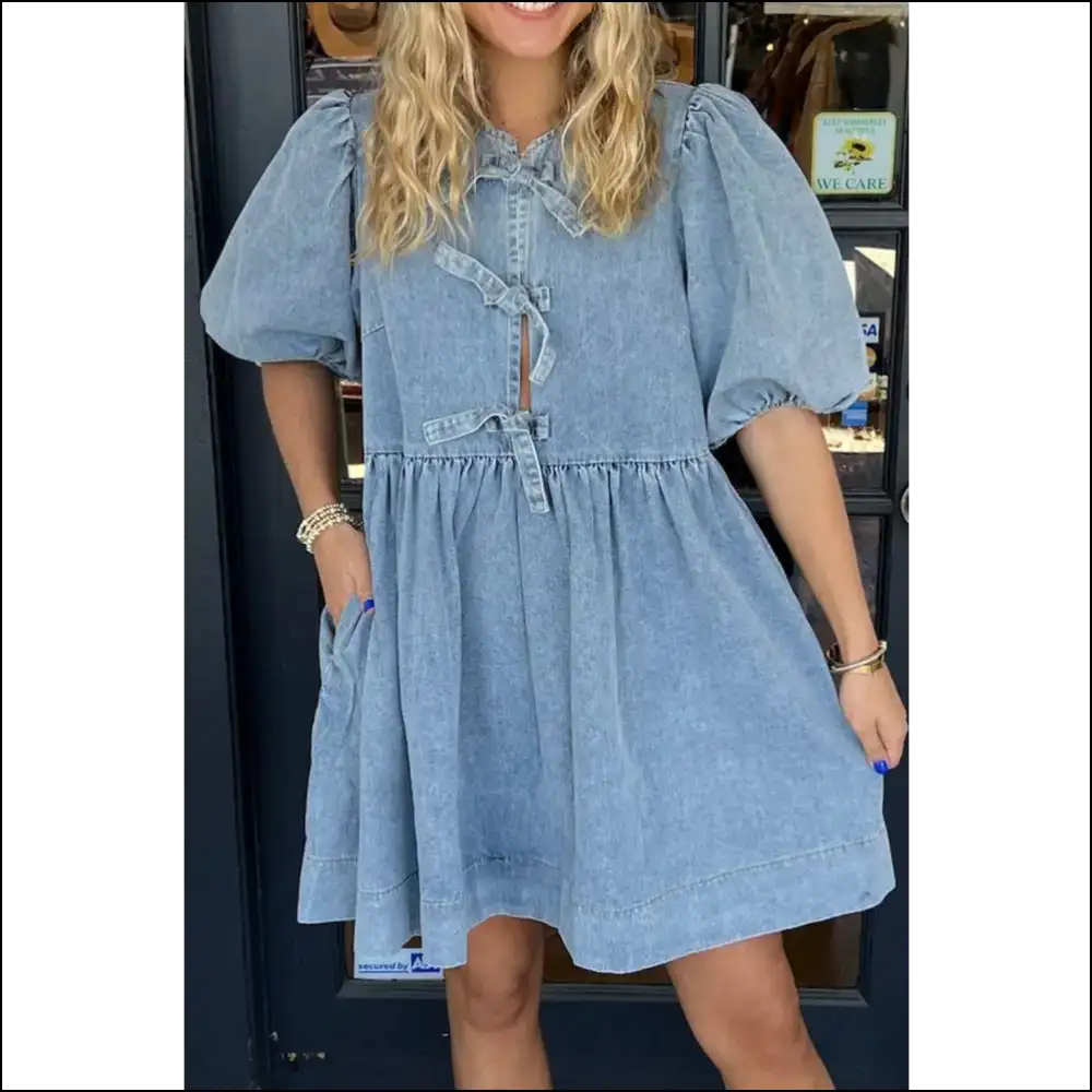 Chic Bowknot Denim Dress - Dresses