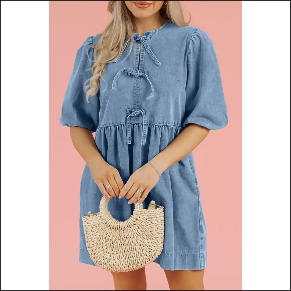 Chic Bowknot Denim Dress - Dresses