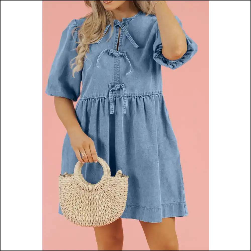 Chic Bowknot Denim Dress - Dresses