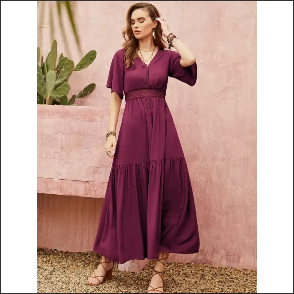 Chic Openwork V-neck Flare Sleeve Dress - Dresses