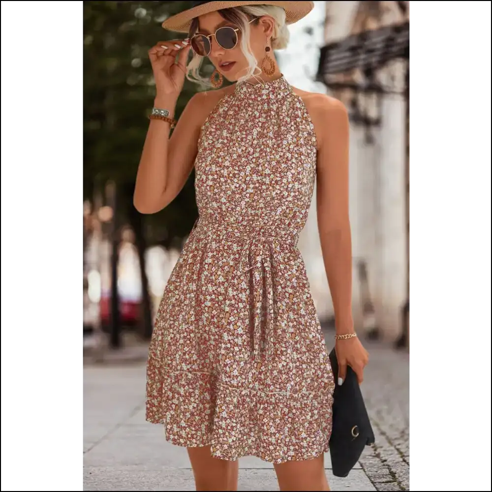 Floral Frill Trim Keyhole Sleeveless Dress - Dusty Red / Xl - Dresses