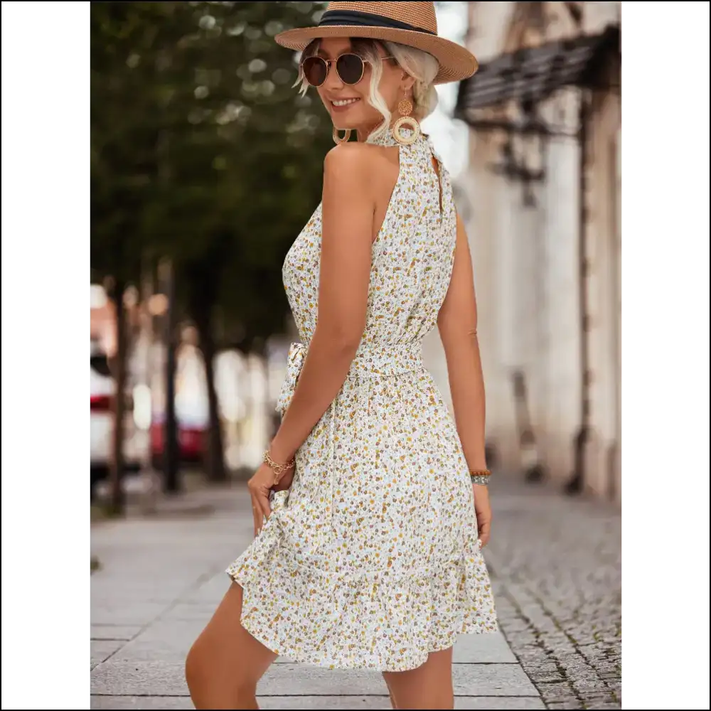 Floral Frill Trim Keyhole Sleeveless Dress - Dresses