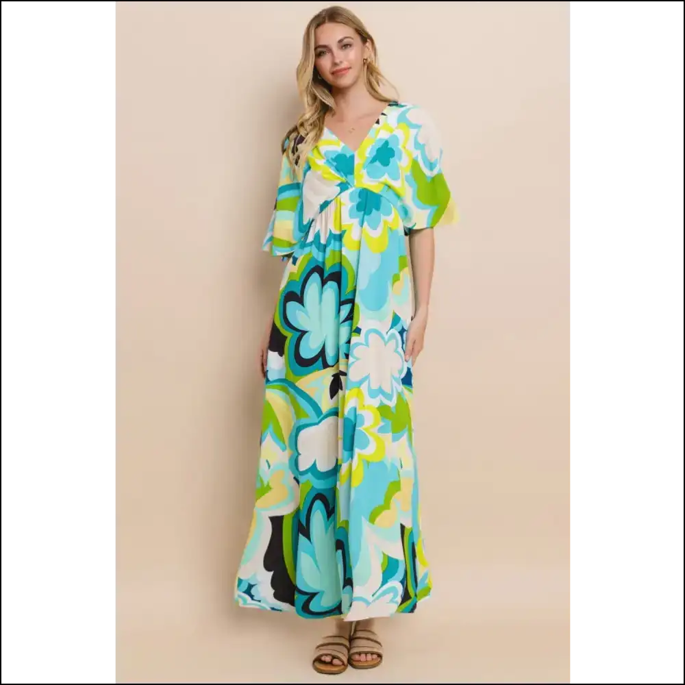 Floral Printed Slit Maxi Dress - Summer Elegance - Blue / s - Dresses