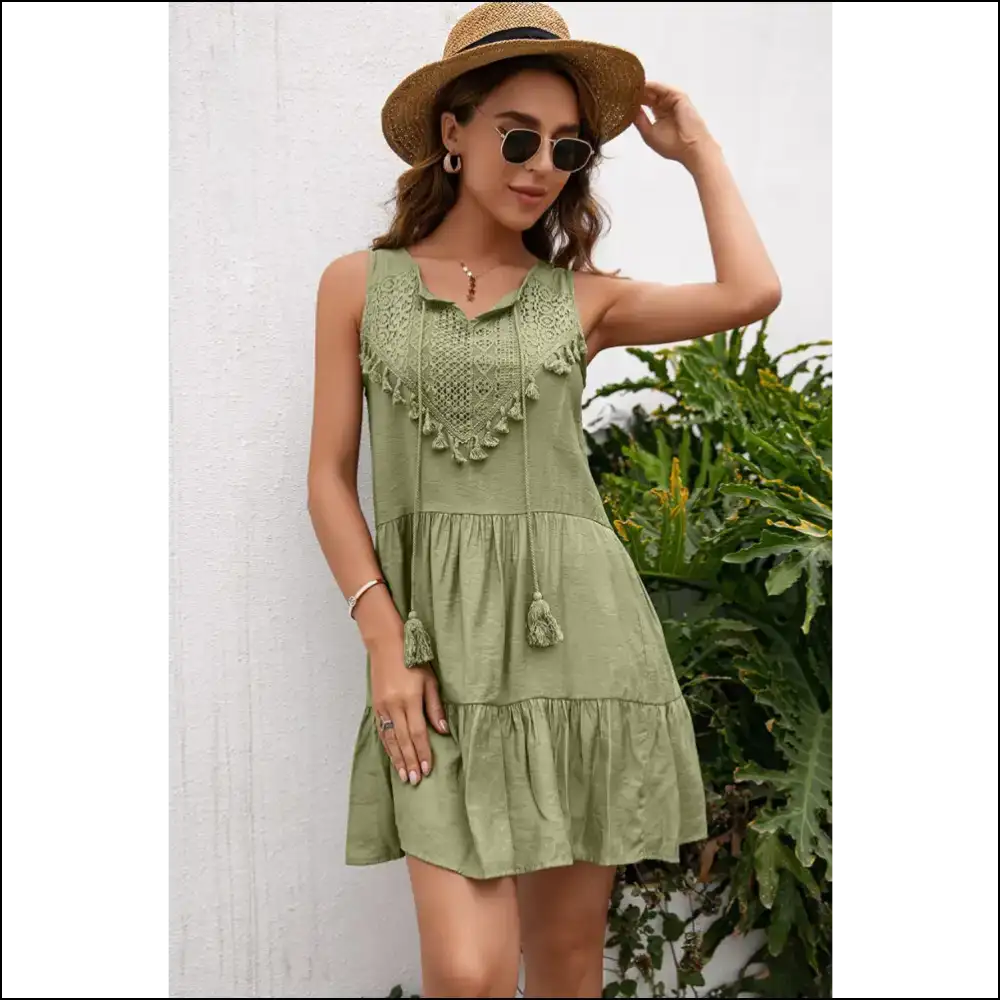 Ivy Lane Chic Lace Trim Sleeveless Dress with Tassels - Light Green / s - Dresses