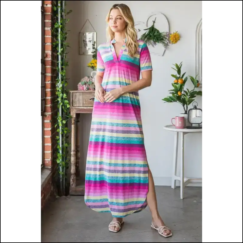 Heimish Striped Short Sleeve Maxi Tee Dress - Dresses