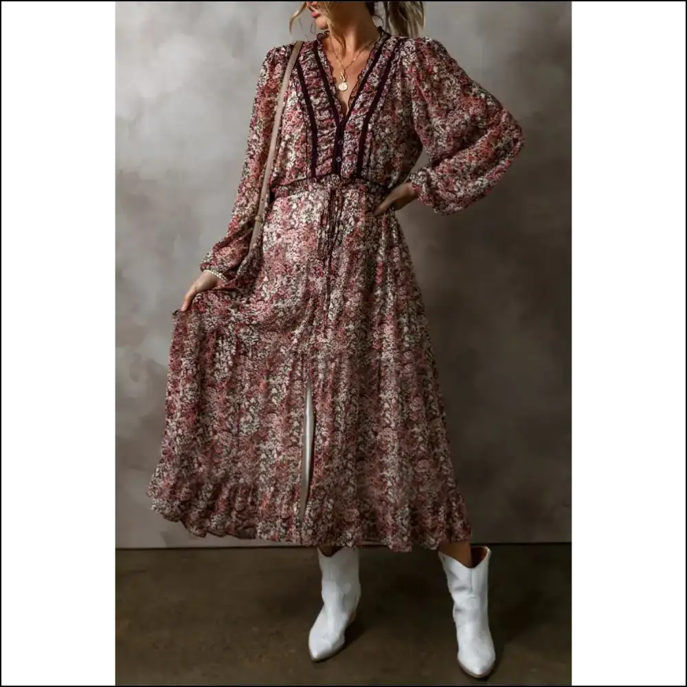 Frill Printed v Neck Midi Dress Dresses