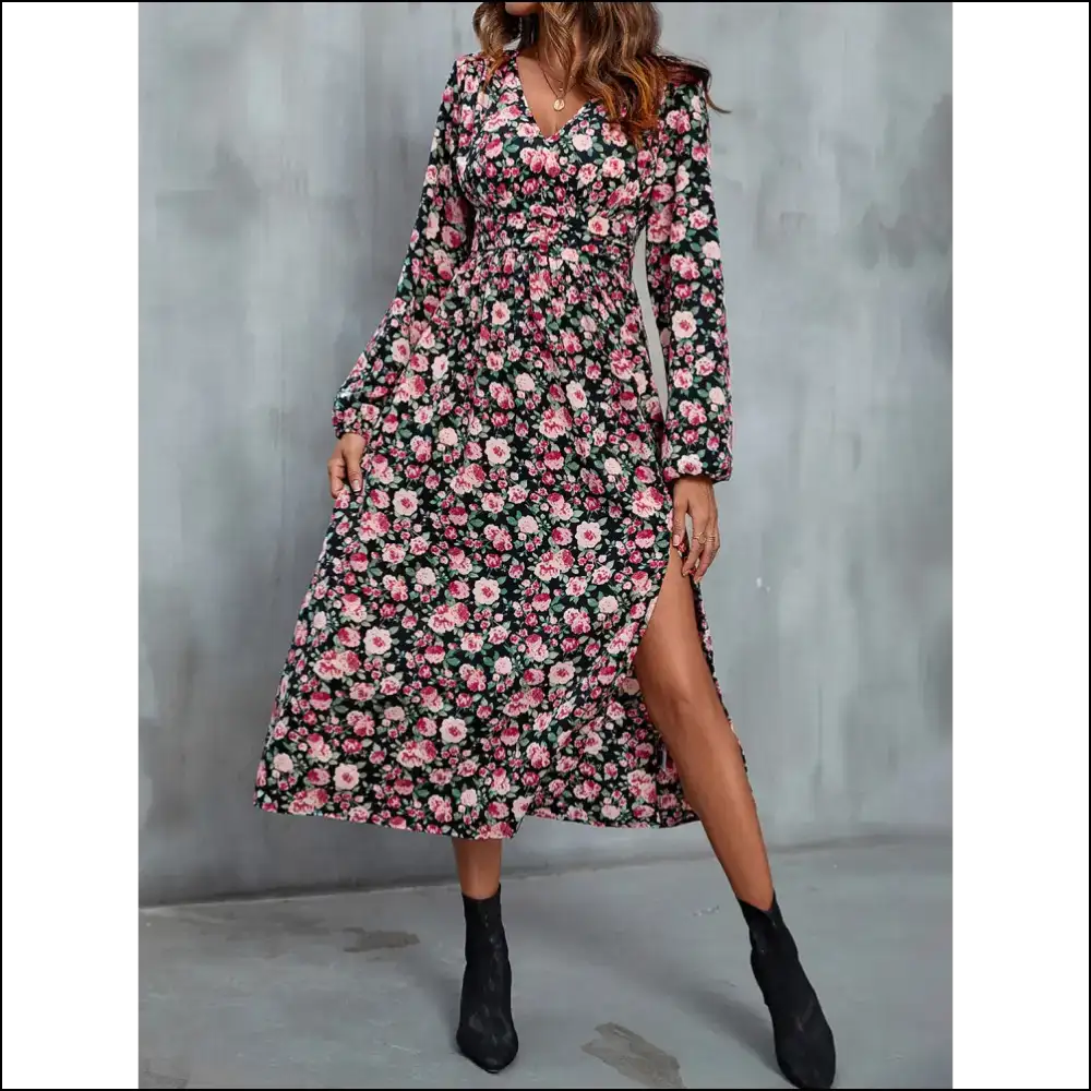 Perfee Floral V-neck Slit Midi Dress - Dresses
