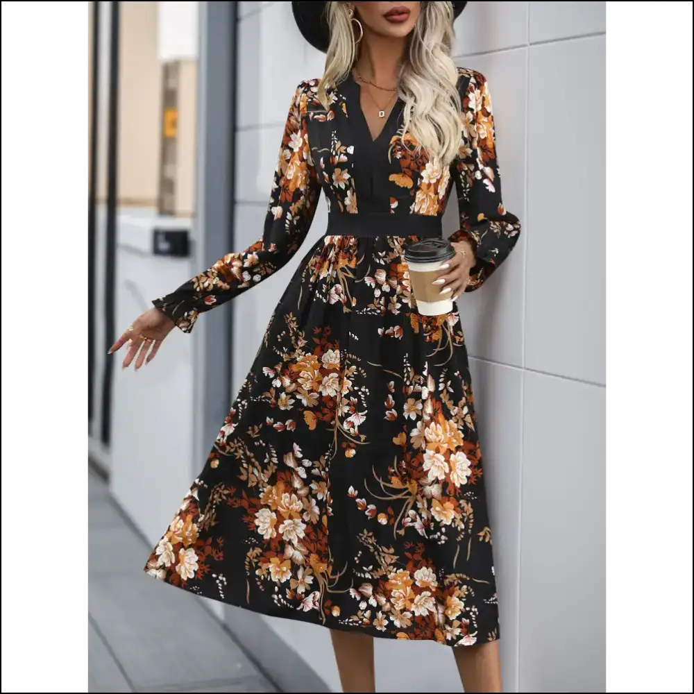 Perfee Printed Notched Long Sleeve Midi Dress Dresses
