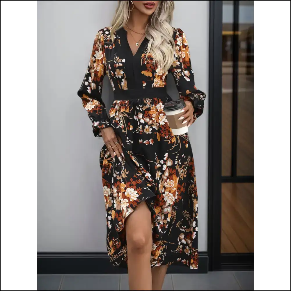 Perfee Printed Notched Long Sleeve Midi Dress Dresses