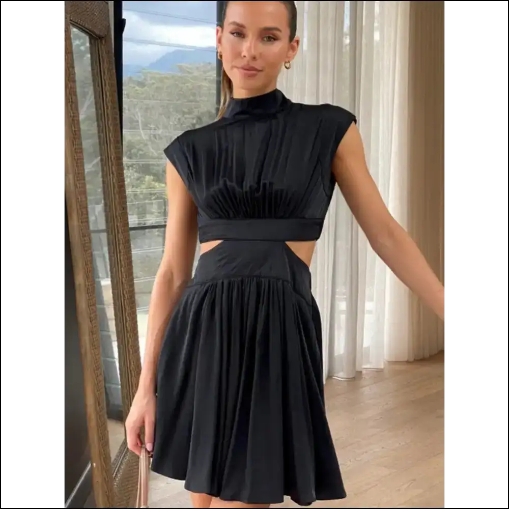 Chic Cutout Ruched Mock Neck Mini Dress - Black / m - Dresses