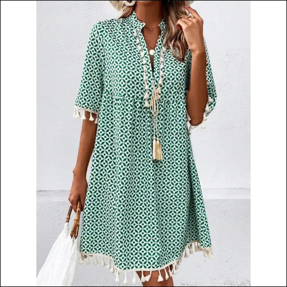 Chic Tassel Printed Notched Half Sleeve Mini Dress Turquoise / s Dresses