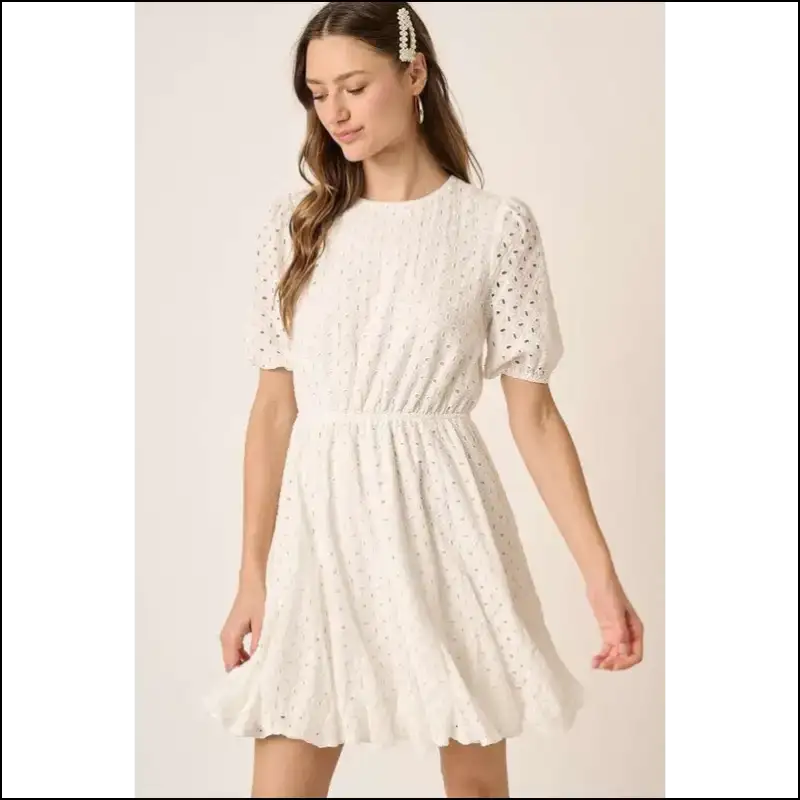 Puff Sleeve Chic Eyelet Mini Dress - White / s - Dresses