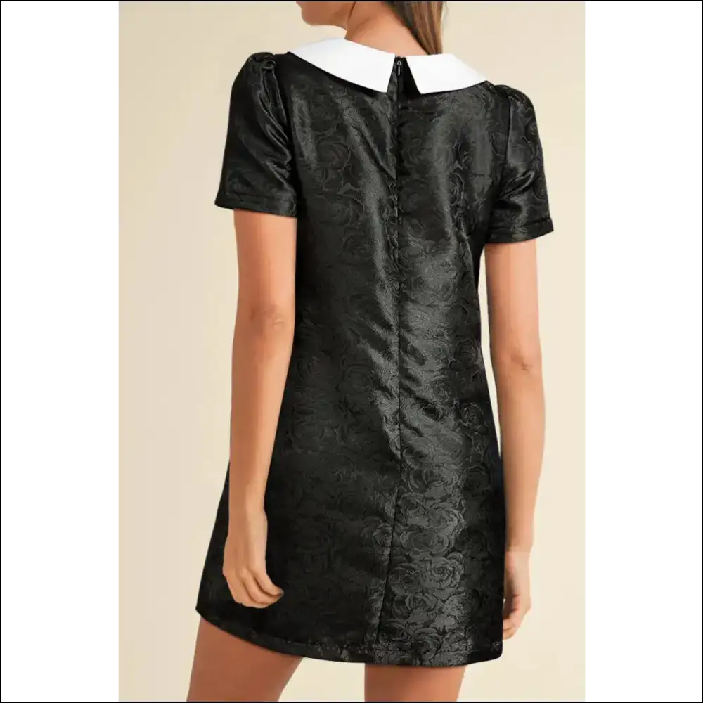 Floral Embossed Puff Sleeve Mini Dress with Bow Collar Dresses