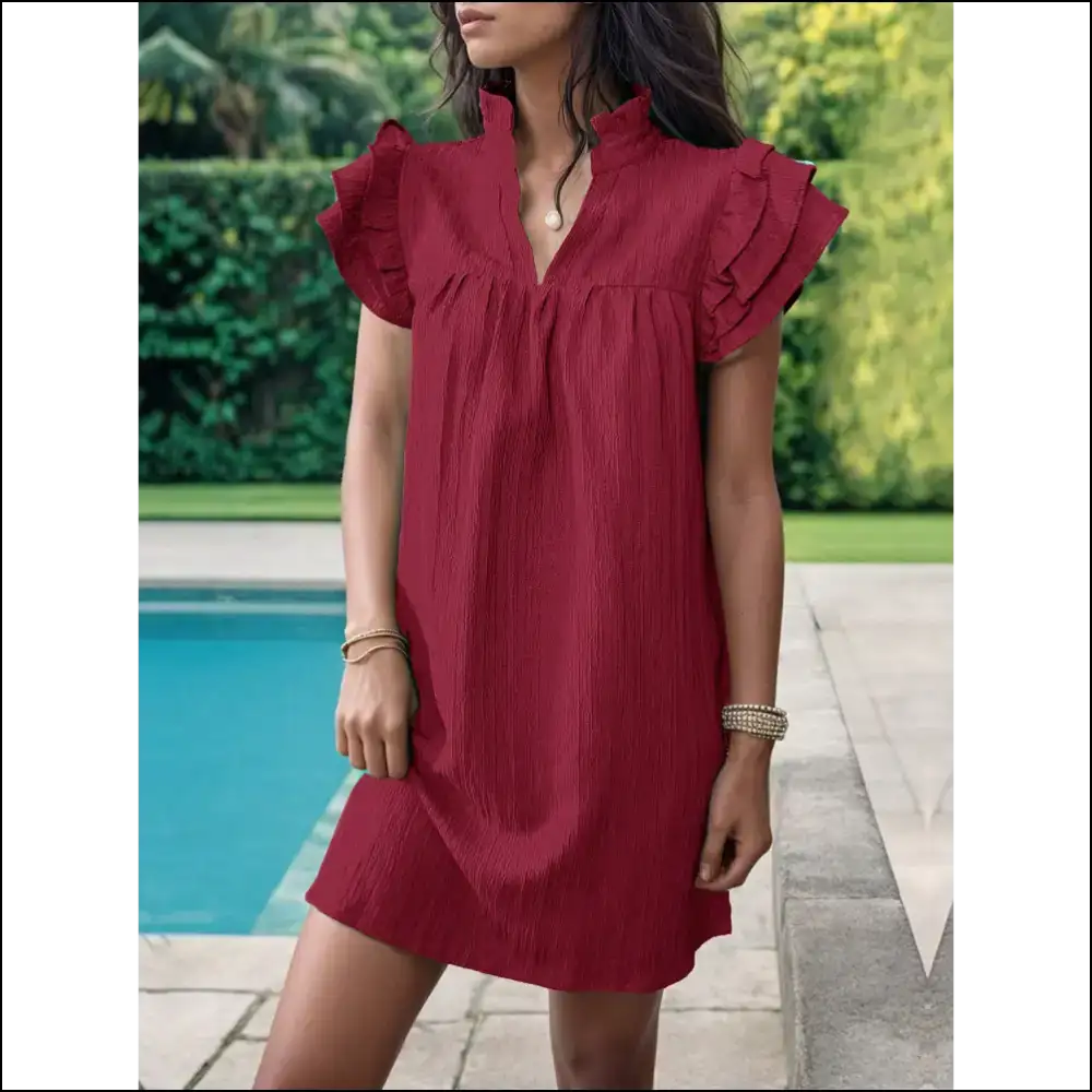 Perfee Frill Notched Flounce Sleeve Mini Dress Burgundy / m Dresses