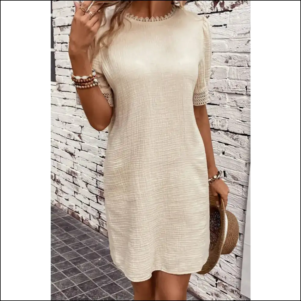 Lace Detail Round Neck Short Sleeve Mini Dress - Dresses