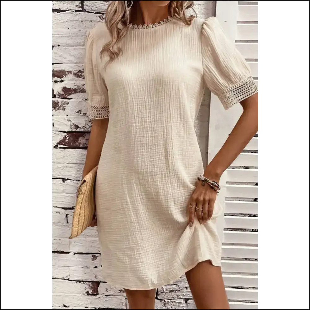 Lace Detail Round Neck Short Sleeve Mini Dress - Dresses