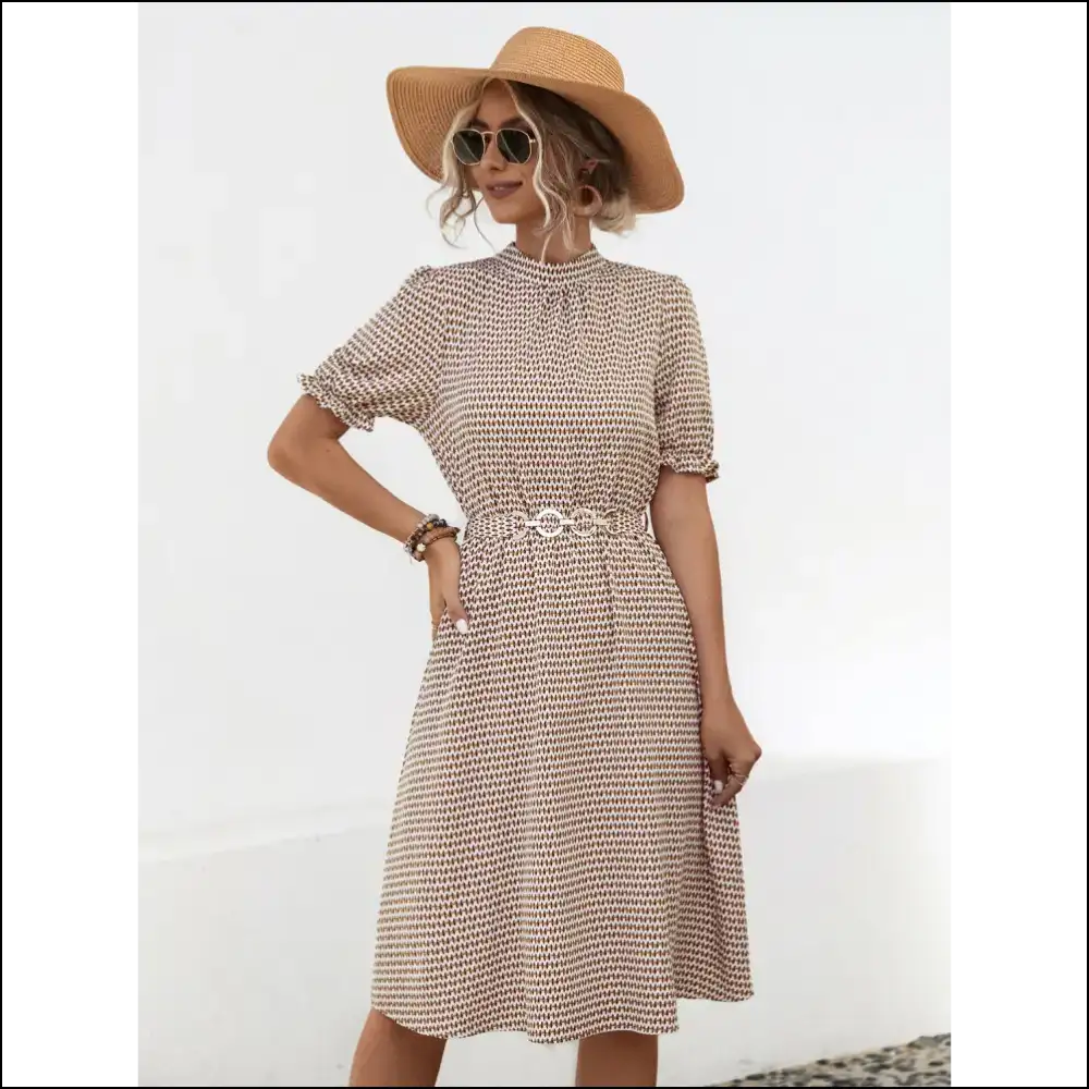 Printed Mock Neck Flounce Sleeve Dress - Camel / s - Dresses