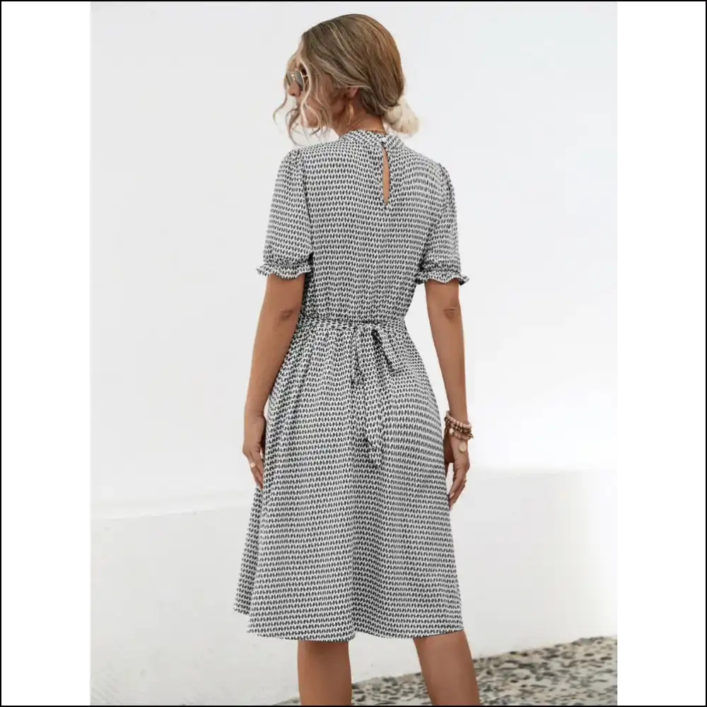 Printed Mock Neck Flounce Sleeve Dress - Dresses