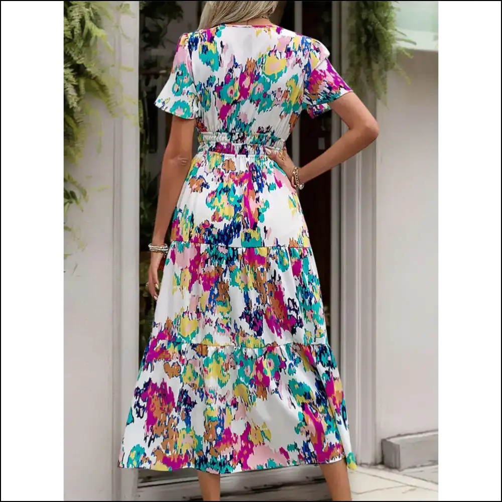 Perfee Notched Short Sleeve Midi Dress Dresses