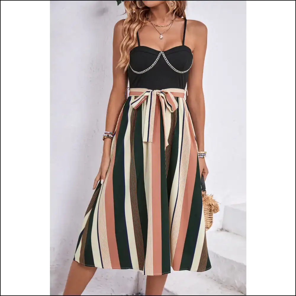 Playful Perfee Tied Striped Spaghetti Strap Dress Black / Xl Dresses