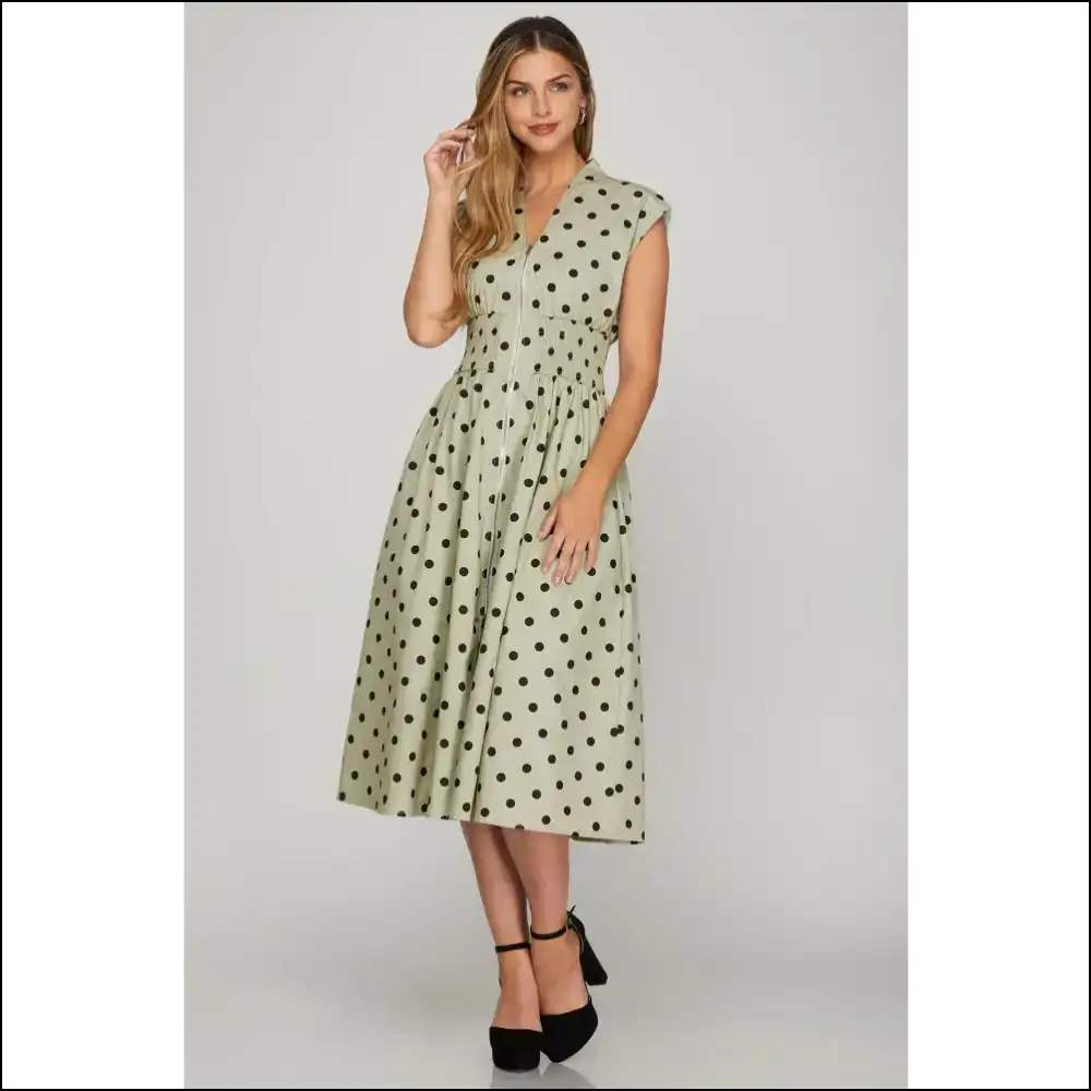 Chic Polka Dot Midi Dress with Front Zip - Sage / s - Dresses