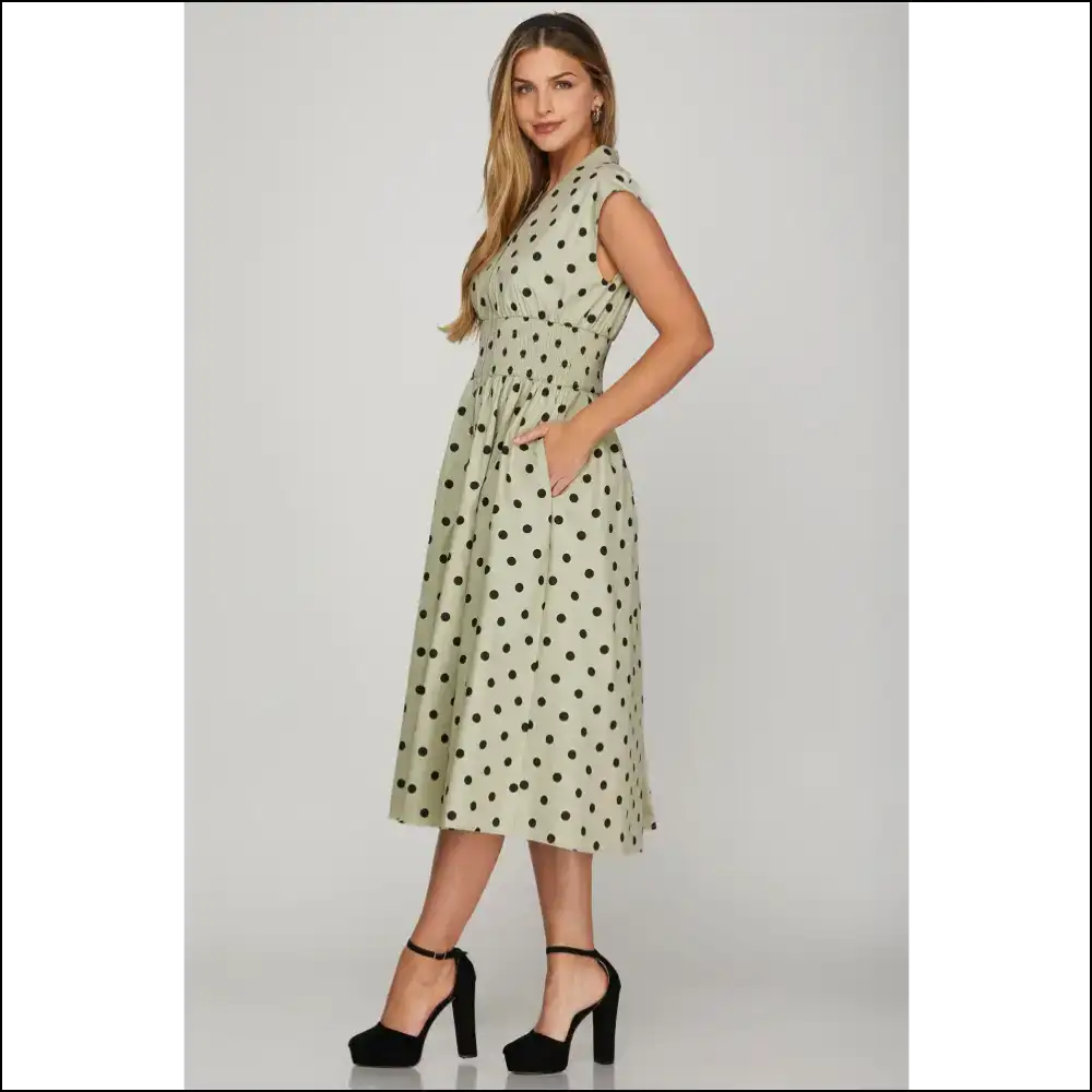 Chic Polka Dot Midi Dress with Front Zip - Dresses