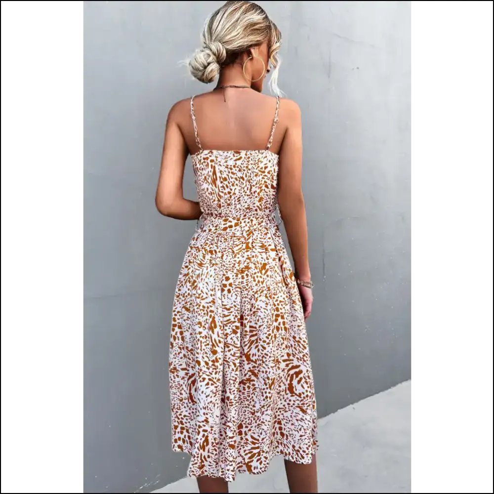 Chic Printed Spaghetti Strap Dress with Decorative Button Belt - Dresses