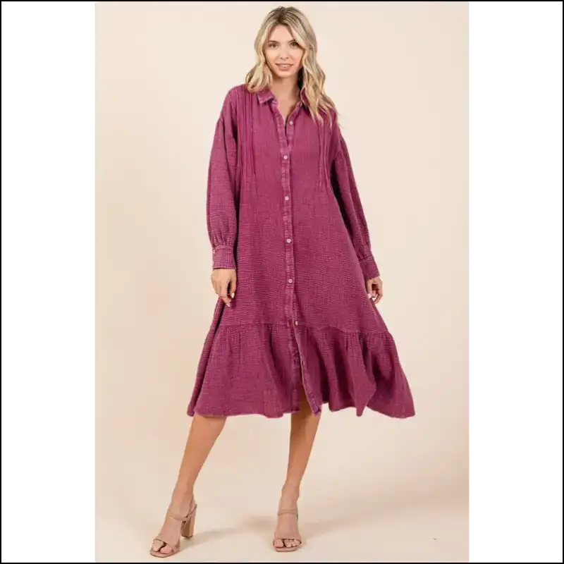 Chic Mineral Wash Ruffle Midi Shirt Dress Dresses