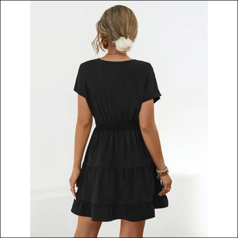 Ruffled Smocked V-neck Tiered Dress - Dresses