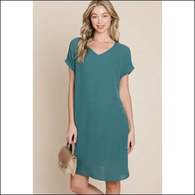 Bombom V-neck Short Sleeve Dress with Pockets - Dresses