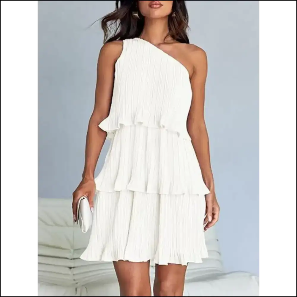 Playful Layered Single Shoulder Mini Dress White / s Dresses