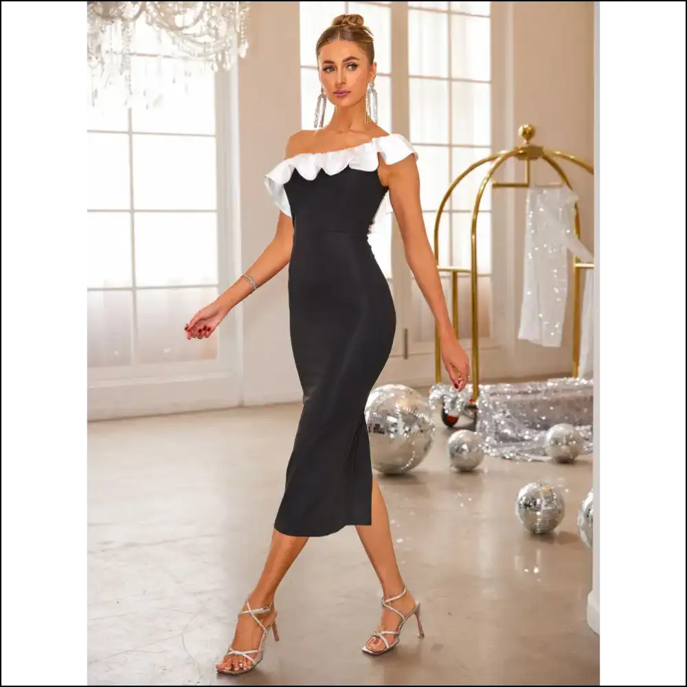 Slit Contrast Single Shoulder Midi Dress - Dresses