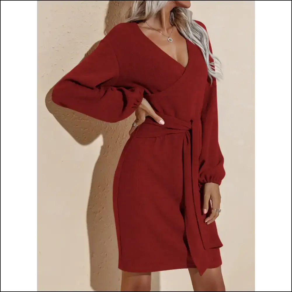 Fam-fam Surplice Long Sleeve Mini Dress - Dark Brown / Xl - Dresses