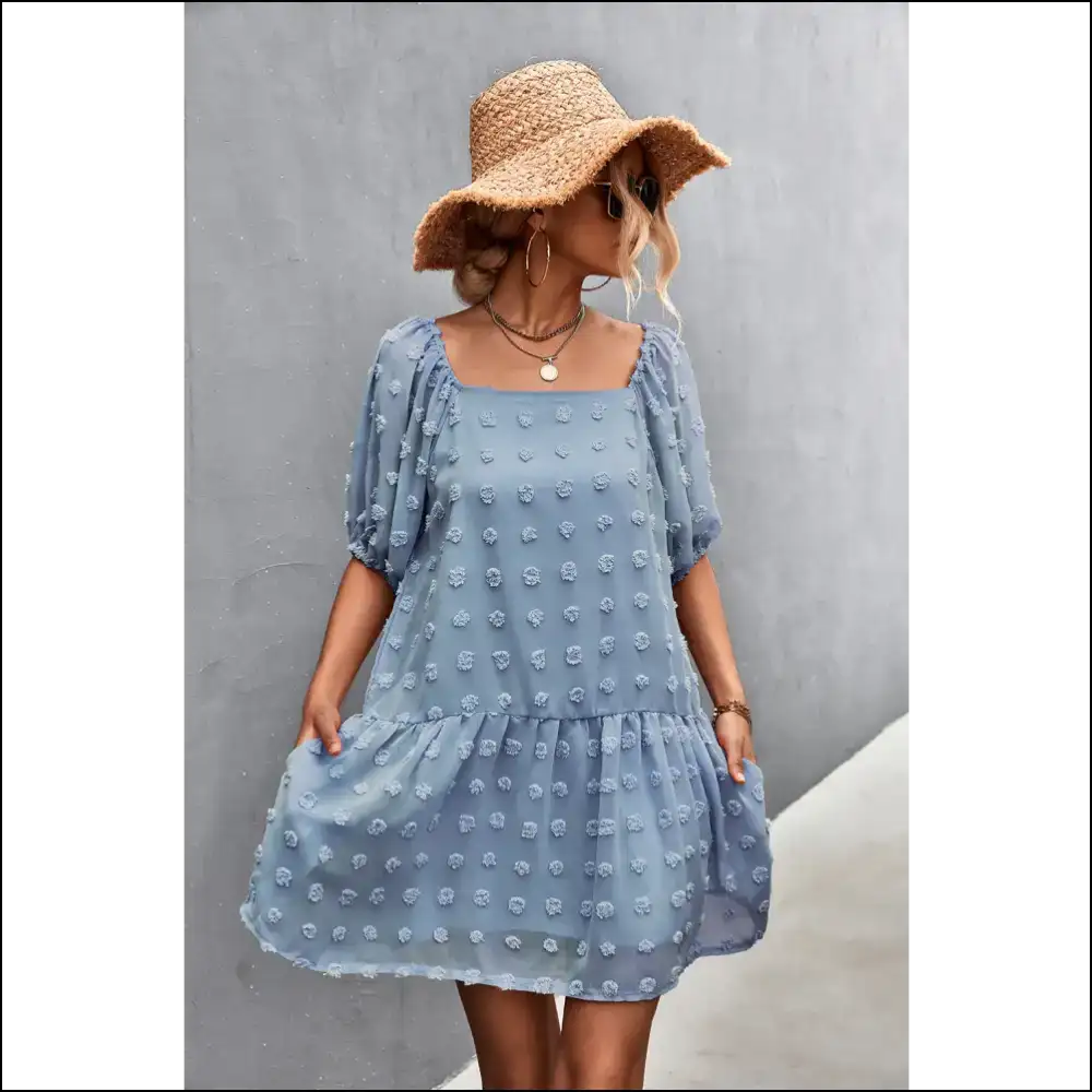 Swiss Dot Square Neck Half Balloon Sleeve Dress - Blue / Xl - Dresses