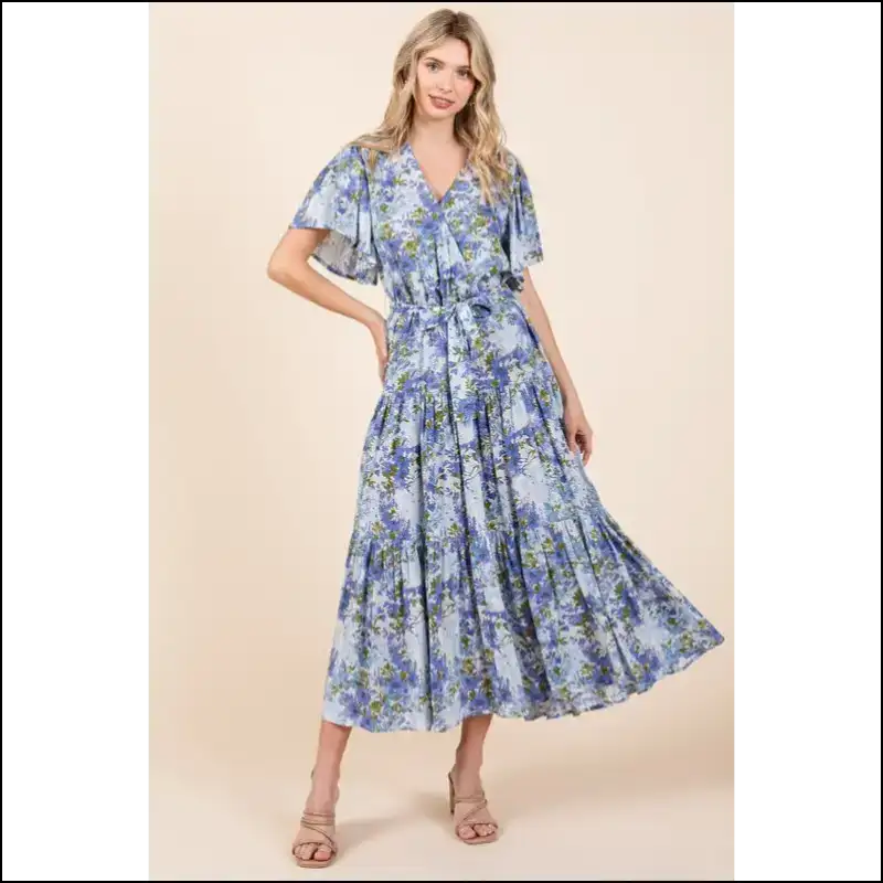 Floral Tie Waist Flutter Sleeve Dress - Dresses