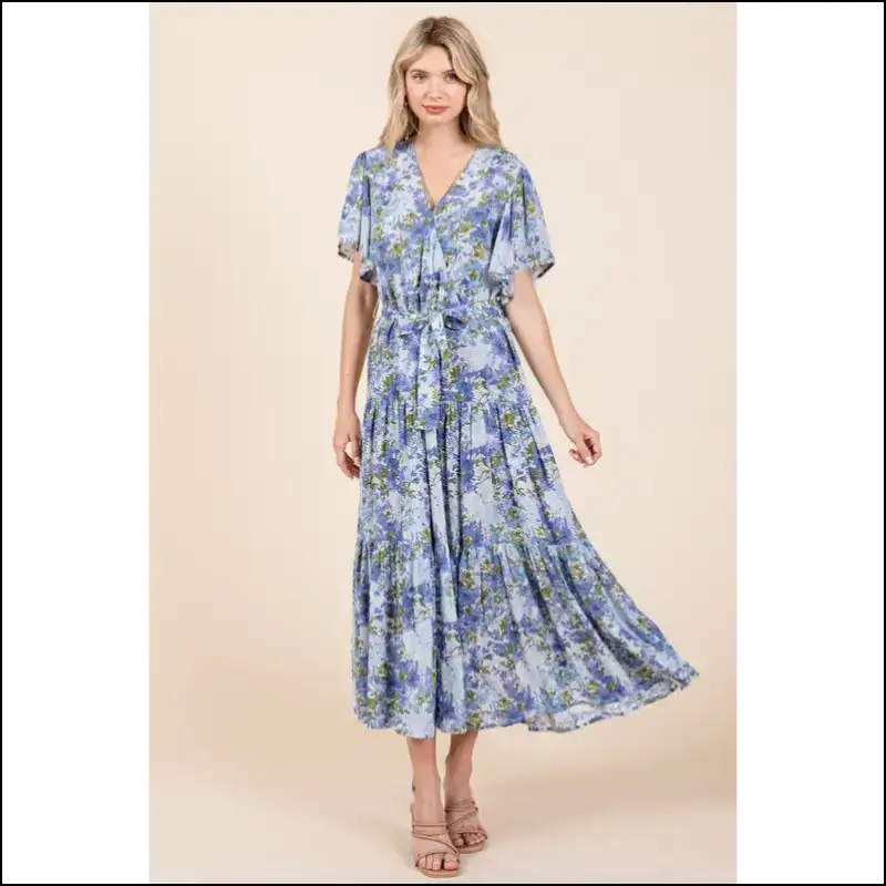 Floral Tie Waist Flutter Sleeve Dress - Dresses