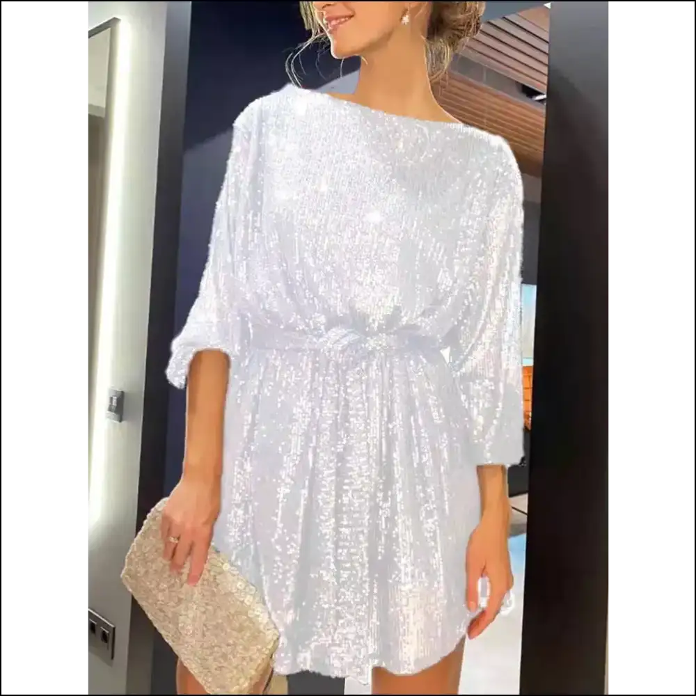 Sequin Tie Waist Mini Dress - White / Xl - Dresses